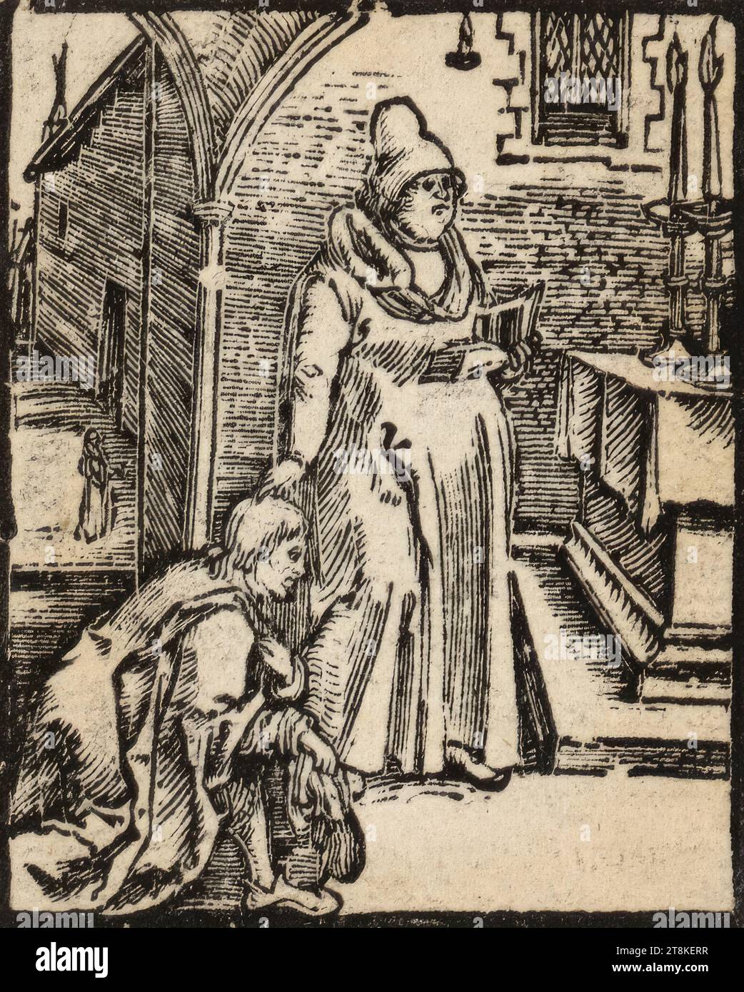 The Pharisee and Tax Collector, libro devozionale con i Vangeli domenicali, Norimberga: Hieronymus Höltzel, After 1510, Anonymous, After 1510, stampa, taglio su legno, foglio: 6,6 x 5,4 cm Foto Stock
