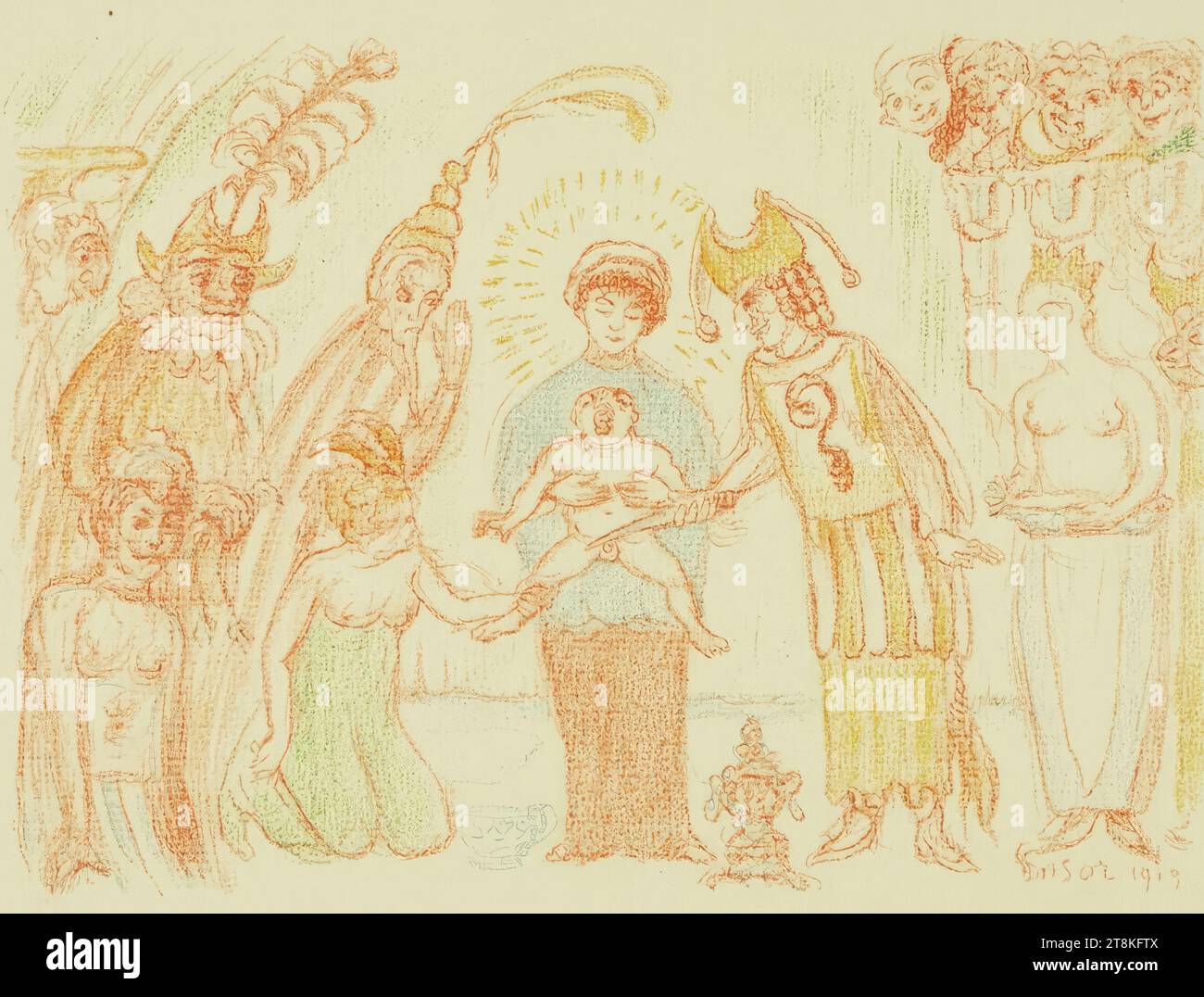 Scènes de la vie du Christ; la Circoncision, Scènes de la vie du Christ. Galerie Georges Giroux, 1921, James Ensor, Ostende 1860 - 1949 Ostenda, 1919, edizione 1921, stampa, litografia a colori; carta Van Gelder, cartone: 25 x 31,1 cm Foto Stock