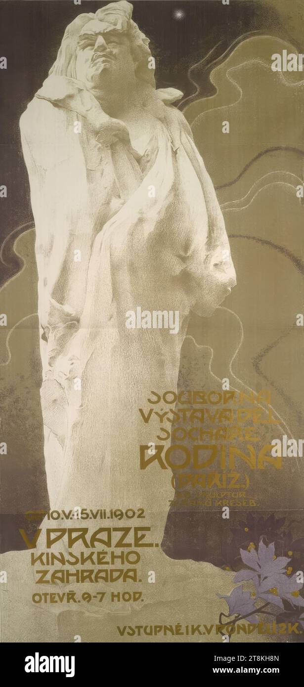 SOUBORNÁ VÝSTAVA DEL SOCHARE RODINA, PARÍZ., 1902; V PRAZE., WLADIMIR ZUPANSKÝ, Repubblica Ceca, 1869 - 1928, 1902, stampa, litografia a colori, foglio: 1565 mm x 845 mm, tedesco: "totale / esposizione delle opere / dello scultore / Rodin /, Parigi., / 88 sculture / 74 cornici con disegni. / Dal 10 maggio al 15 luglio 1902 / a Praga. - Kinsky Garden. / Aperto dalle 9:00 alle 7:00 / ingresso 1 corona. Lunedì 2 corone Foto Stock