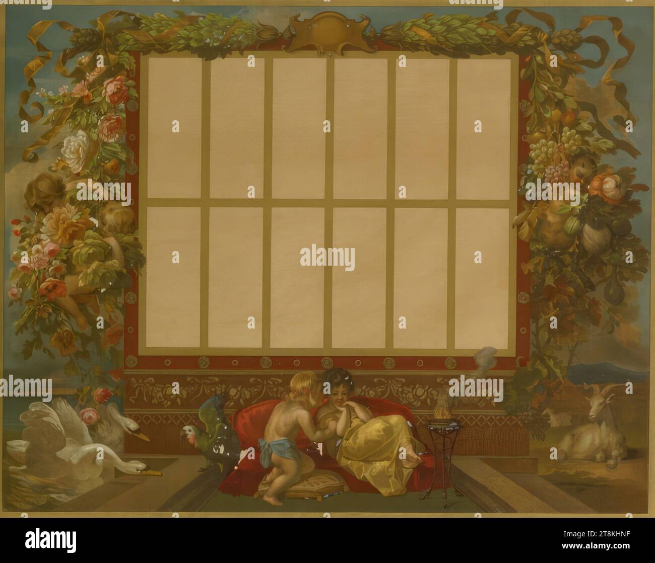 Foglio del calendario, poster vuoto, anonimo, circa 1900, stampa, litografia a colori, foglio: 475 mm x 645 mm, verso: 'Bruchsteiner & S. calendario foglio', matita Foto Stock