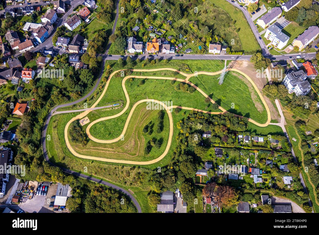 Vista aerea, parco divertimenti Finnbahn Tunnelpark, Berghofen, Dortmund, zona della Ruhr, Renania settentrionale-Vestfalia, Germania Foto Stock