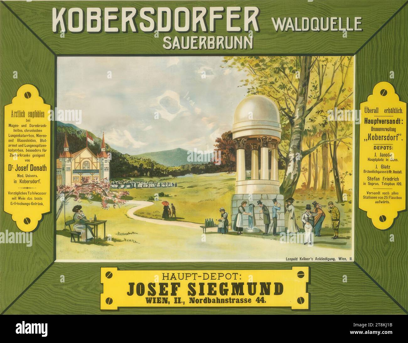 KOBERSDORFER FOREST SOURCE SAUERBRUNN; MAIN DEPOT: JOSEF SIEGMUND, VIENNA, II, NORDBAHNSTRASSE 44., ANONYMOUS, intorno al 1900, stampa, litografia a colori, foglio: 630 mm x 775 mm, Austria Foto Stock