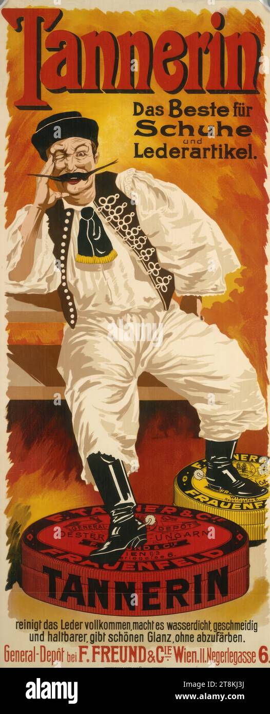 Tanner: Il meglio per scarpe e articoli in pelle. General-Depôt at F. FREUND & CIE., Vienna, II. Negerlegasse 6., Anonimo, intorno al 1910, stampa, litografia a colori, foglio: 980 mm x 400 mm, Austria Foto Stock