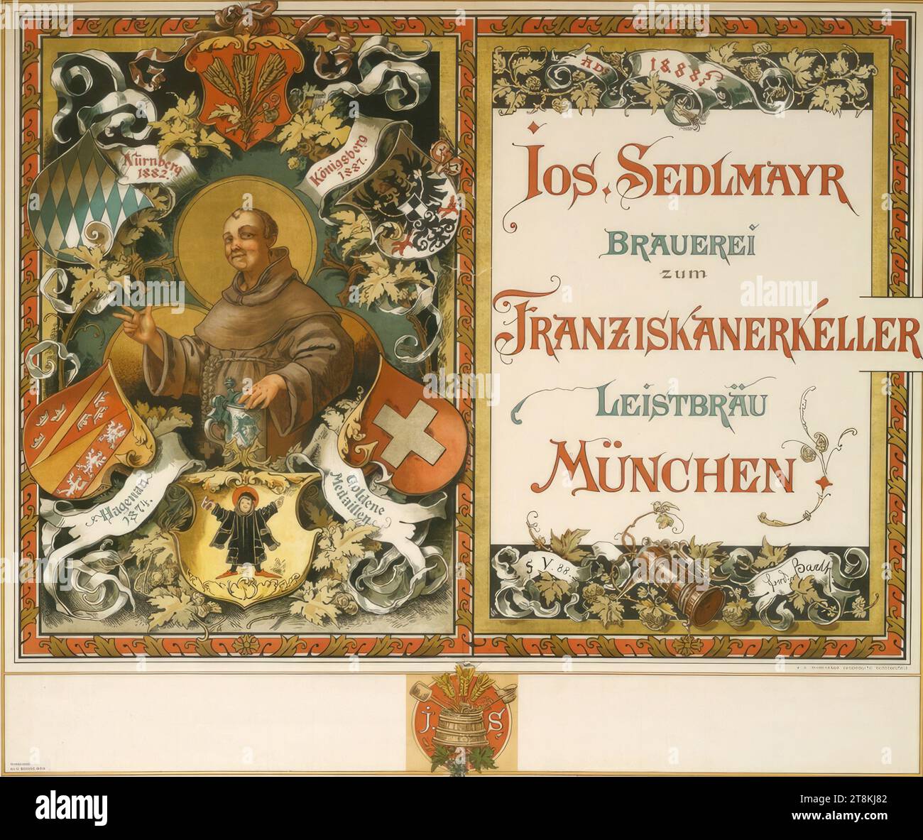 JOS. BIRRIFICIO SEDLMAYR; FRANZISKANERKELLER, MONACO DI BAVIERA, 1888, Ferdinand Barth, Partenkirchen 1842 - 1892 Partenkirchen, 1888, stampa, litografia a colori, foglio: 775 mm x 920 mm Foto Stock