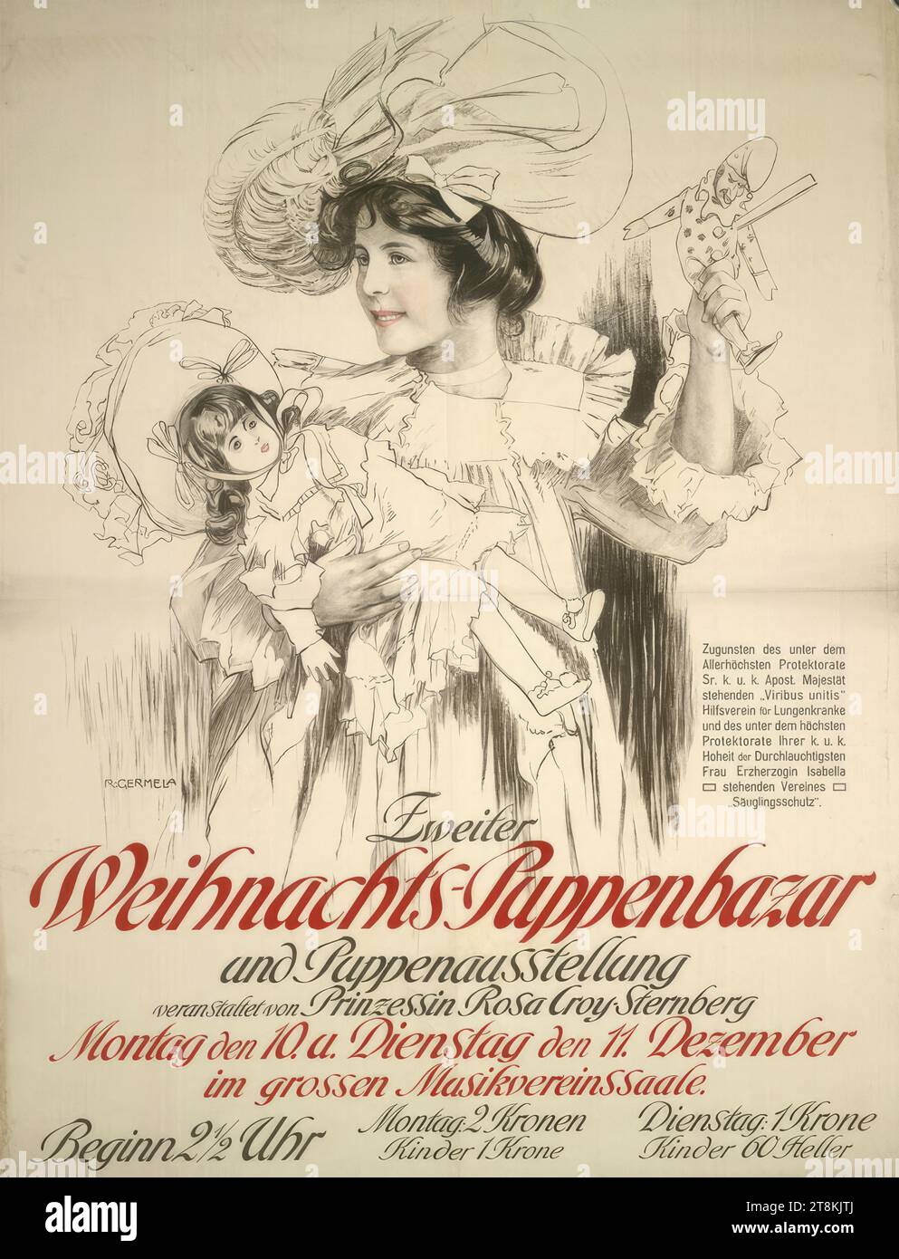 Secondo Bazaar di Natale; nel grande Music club hall, Raimund Germela, Vršac 1868 - 1945 Vienna, circa 1910, stampa, litografia a colori, foglio: 1260 mm x 930 mm, Austria Foto Stock