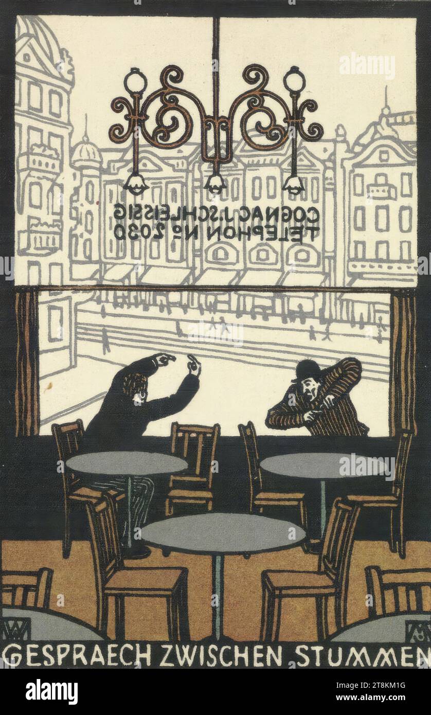 Cartolina n. 62 da Wiener Werkstätte: Conversazione tra muti, Moriz Jung, Mikulov, Nikolsburg, 1885 - 1915 Maniłowa vicino a Łubne, stampa, litografia a colori, foglio: 140 mm x 90 mm, l.l. 'WW / CONVERSAZIONE TRA MUTI', in stampa Foto Stock