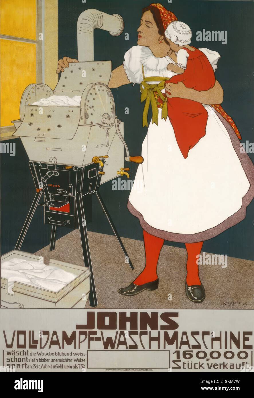 LAVATRICE A VAPORE COMPLETA DI JOHN, Adolf Karpellus, Austria, 1869 - 1919, circa 1910, stampa, litografia a colori, foglio: 640 mm x 455 mm Foto Stock