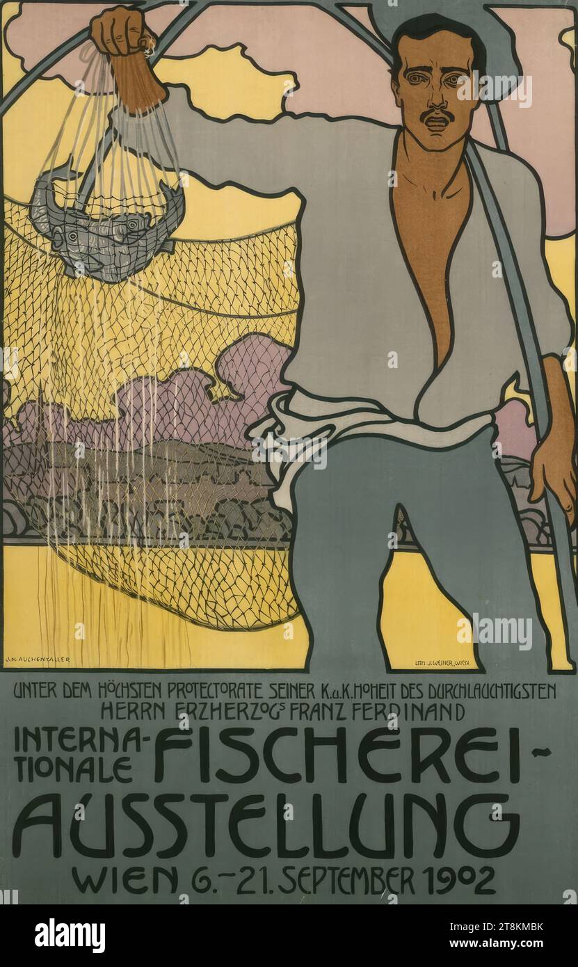 Fiera internazionale della pesca, Vienna, 6 - 21 settembre 1902, Josef Maria Auchentaller, Vienna 1865 - 1949 grado, 1902, stampa, litografia a colori, foglio: 930 mm x 605 mm, M.u. 'SOTTO IL PIÙ ALTO PROTETTORATO DEL SUO k.u.k. VOSTRA ALTEZZA / MR. ARCHDUKE FRANZ FERDINAND / INTERNAL / TIONAL FISHERY / EXHIBITION / VIENNA SEPTEMBER 6-21, 1902", in stampa, r.u. 'LITH.J.WEINER,VIENNA.', in stampa, Austria Foto Stock