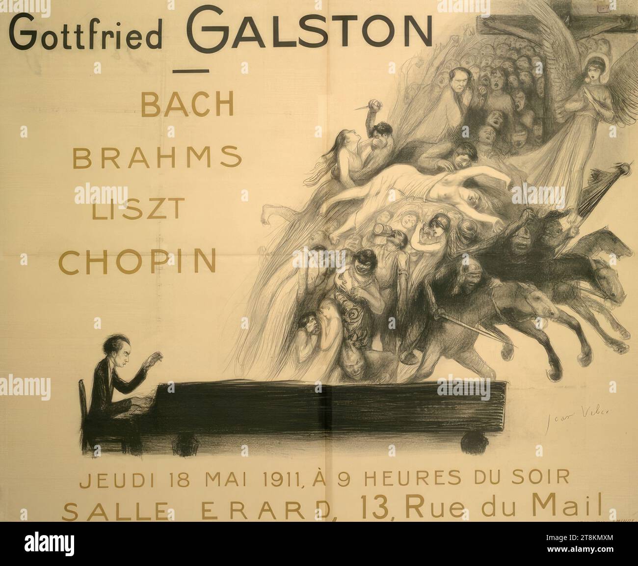 GOTTFRIED GALSTON; BACH, BRAHMS, LISZT, CHOPIN; SALLE ERARD, Jean Veber, Parigi 1864 - 1928 Parigi, intorno al 1900, stampa, litografia a colori, foglio: 1150 mm x 1400 mm, timbro l.o., illeggibile Foto Stock