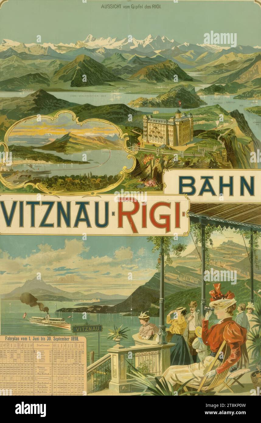 FERROVIA VITZNAU-RIGI; orari dal 1 giugno al 30 settembre 1898, Anonimo, 1898, stampa, litografia a colori, foglio: 900 mm x 610 mm Foto Stock