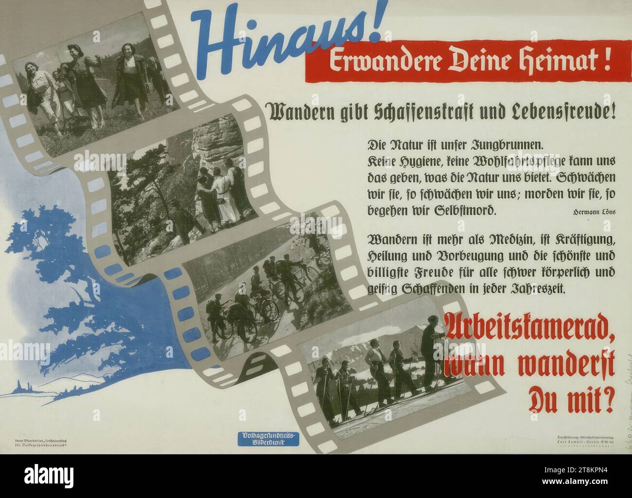 Fuori! Fai un'escursione nella tua patria!, Anonymous, intorno al 1940, stampa, offset, foglio: 505 mm x 705 mm, l.l. 'con la collaborazione del 'Reich Committee / for Public Health Service'', in stampa, M.u. 'Public Health/Image Service', in stampa, r.u. 'implementazione: editore pubblicitario commerciale / Curt Cowall. Berlin SW 68 / COPYRIGHT DI CURT COWALL', in stampa Foto Stock