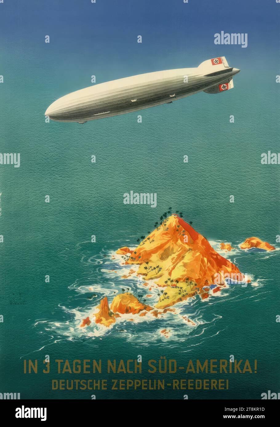 IN SUD AMERICA IN 3 GIORNI! GERMAN ZEPPELIN SHIPPING ENGINEERING, Jupp Wiertz, Aachen 1888 - 1939 Berlin, 1936-1937, stampa, offset, foglio: 850 mm x 590 mm, destra. 'ESCHEBACH & SCHAEFER, LIPSIA', in stampa, l.u. 'PRINTED IN GERMANY', in stampa Foto Stock