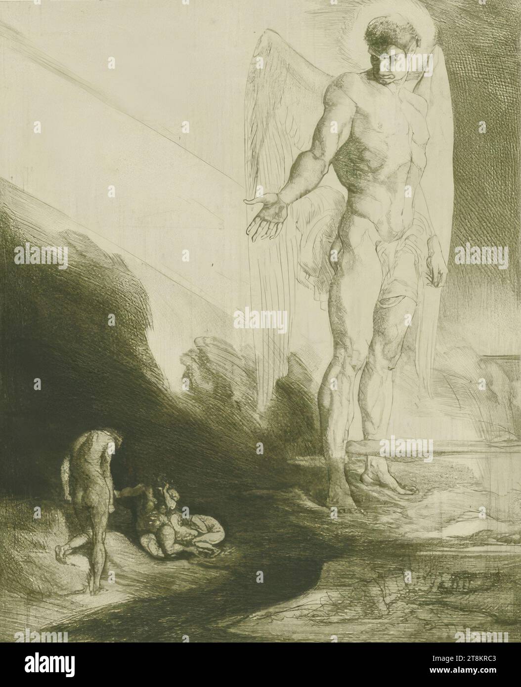 Lucifero lascia Caino al suo destino, otto incisioni su Caino di Byron, 1919-1920, Rudolf Jettmar, Zawodzie vicino Tarnow, Galizia, 1869 - 1939 Vienna, 1919-1920, stampa, incisione, lastra: 27,8 x 22,8 cm, secondo Weixlgärtner, Austria Foto Stock