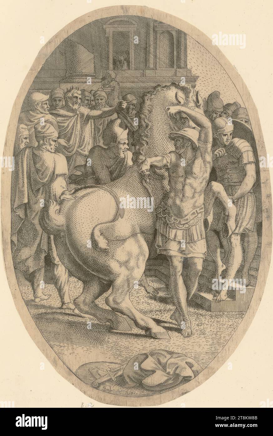 Alexander e Bucephalus, Léon Davent, Francia, date di entrata in vigore: 1540 - 1556, stampa, incisione, foglio, formato verticale ovale, 36,1 x 24,3 cm Foto Stock