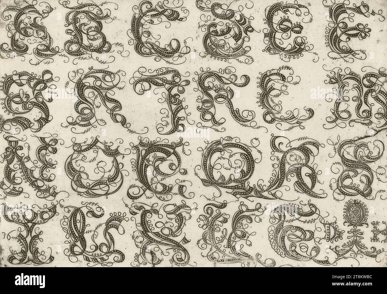 Alfabeto majuscule gotico, Daniel Hopfer, Kaufbeuren 1471 - 1536 Augusta, CA. 1520, stampa, incisione in ferro, foglio: 15,7 x 22,7 cm, verso con matita in grafite a destra. «66 Foto Stock