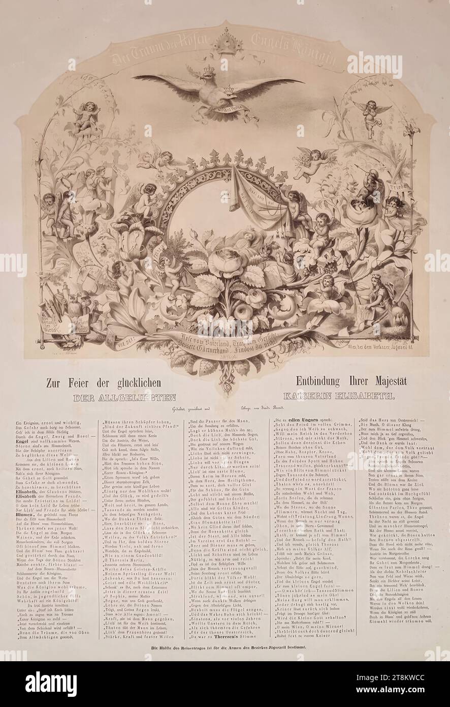 Foglio commemorativo per la nascita dell'arciduchessa Sophie Friederike il 5 marzo 1855, 1855, stampa, litografia, con lastra di argilla, e tipografia su carta, foglio: 59,4 x 44,2 cm, [M.r.] 'Vienna, con l'autore, Jägerzeil 61.', proprio sotto l'illustrazione, [M.M.] 'in celebrazione del felice confinamento di sua Maestà, LA PIÙ AMATA IMPERATRICE ELISABETTA.'; [m.u.] 'metà del reddito netto è destinato ai poveri del distretto di Jägerzeil, Austria Foto Stock