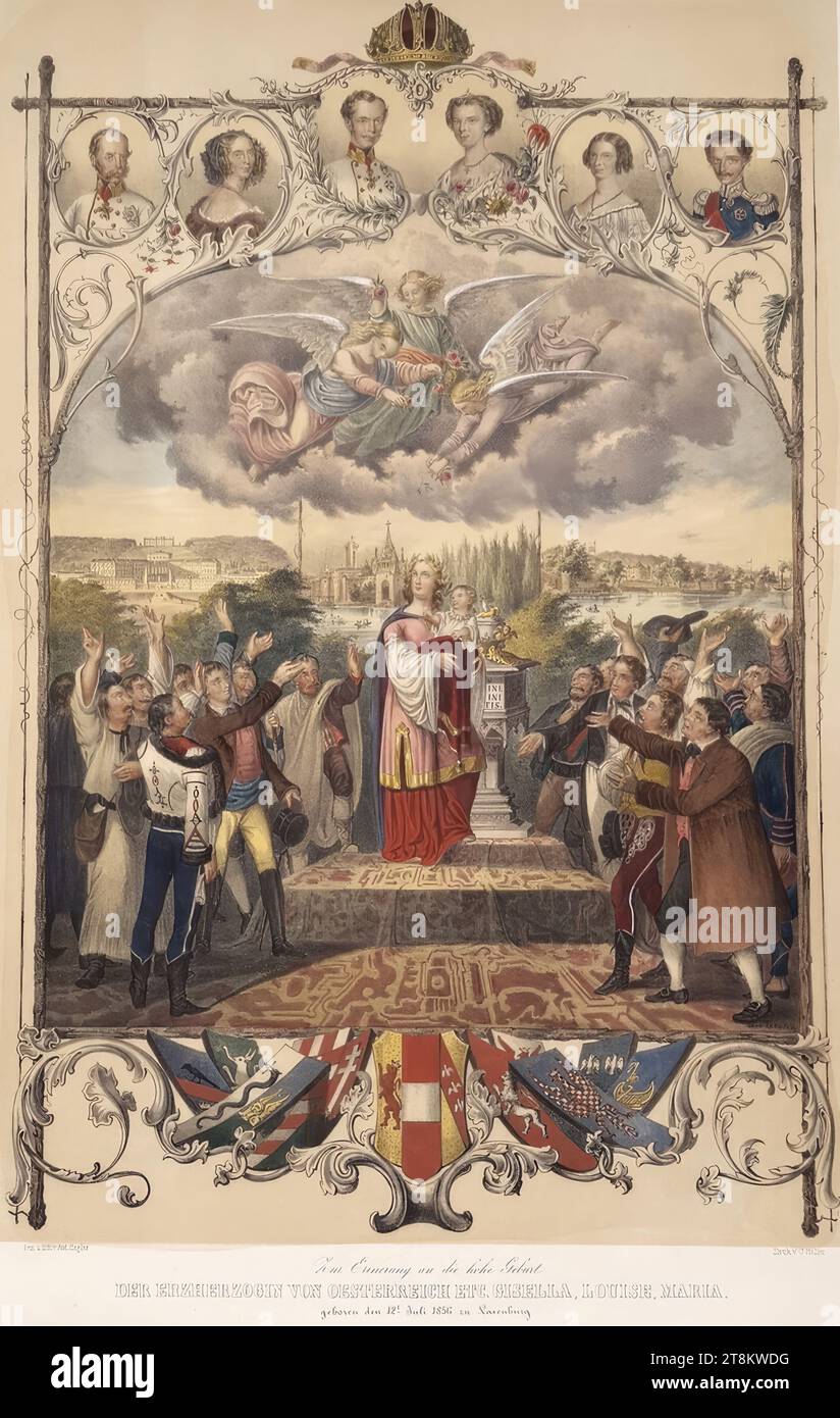 In memoria dell'alta nascita, L'ARCHDUCHE DELL'AUSTRIA ECC.. GISELLA, LOUISE, MARIA., nato il 12 luglio 1856 a Laxenburg', 1856, stampa, litografia con lastra di argilla su carta, acquerelli e bianco opaco, foglio: 61,9 x 41,7 cm, [l.u.] 'la terza parte del reddito netto è l'Istituto di conservazione dei bambini, dedicato'; [M.u.] 'pubblicato da. Il figlio di Anton Ziegler, Landstrasse Hauptstrasse N°339, davanti al Sünnhof piano, terzo piano a sinistra della porta."; [r.u.] "con riserva della protezione legale contro la ristampa, tutti sotto le righe del titolo Foto Stock