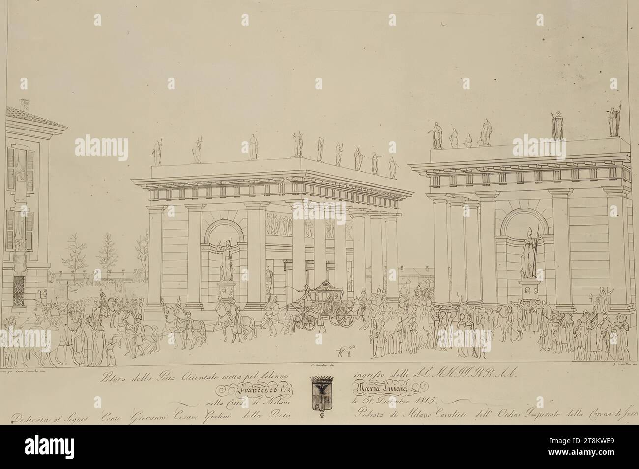 Ingresso della coppia imperiale Francesco i e Maria Ludovika d'Austria attraverso la porta Orientale a Milano il 31, 1815, 1815 dicembre, stampa, incisione su copperplate e incisione su carta, foglio: 31 x 41 cm, [compresa] "Dedicata al Signor Conte Giovanni Cesare Giulini della porta / Podesta di Milano, Cavaliere dell'ordine Imperiale della Corona di ferro", con stemma Foto Stock