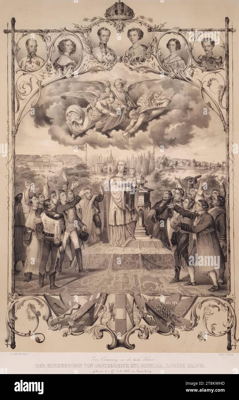 In memoria dell'alta nascita, L'ARCHDUCHE DELL'AUSTRIA ECC.. GISELLA, LOUISE, MARIA., nata il 12 luglio 1856 a Laxenburg', 1856, stampa, litografia con lastra di argilla su carta, foglio: 59,6 x 39,9 cm, [l.u.] 'la terza parte del ricavato netto è l'istituto di conservazione dei bambini, dedicato'; [M.u.] 'pubblicato da. Il figlio di Anton Ziegler, Landstrasse Hauptstrasse N°339, davanti al Sünnhof piano, terzo piano a sinistra della porta."; [r.u.] "con riserva della protezione legale contro la ristampa, tutti sotto le righe del titolo Foto Stock