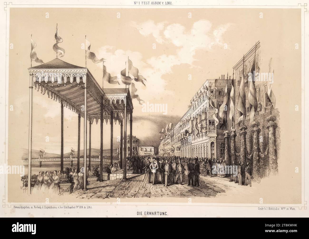 In attesa dell'arrivo della sposa imperiale, Elisabetta duchessa in Baviera, a Linz il 21 aprile 1854, da: Joseph Edelbacher, editore, album in memoria del 21 e 22 aprile 1854 a Linz., Linz, Eurich, 1854, 1854, stampa, litografia con lastra di argilla e cavità bianche su carta, foglio: 25,1 x 36,3 cm, [M.o.] 'N°1 ALBUM FEST V. LINZ Foto Stock