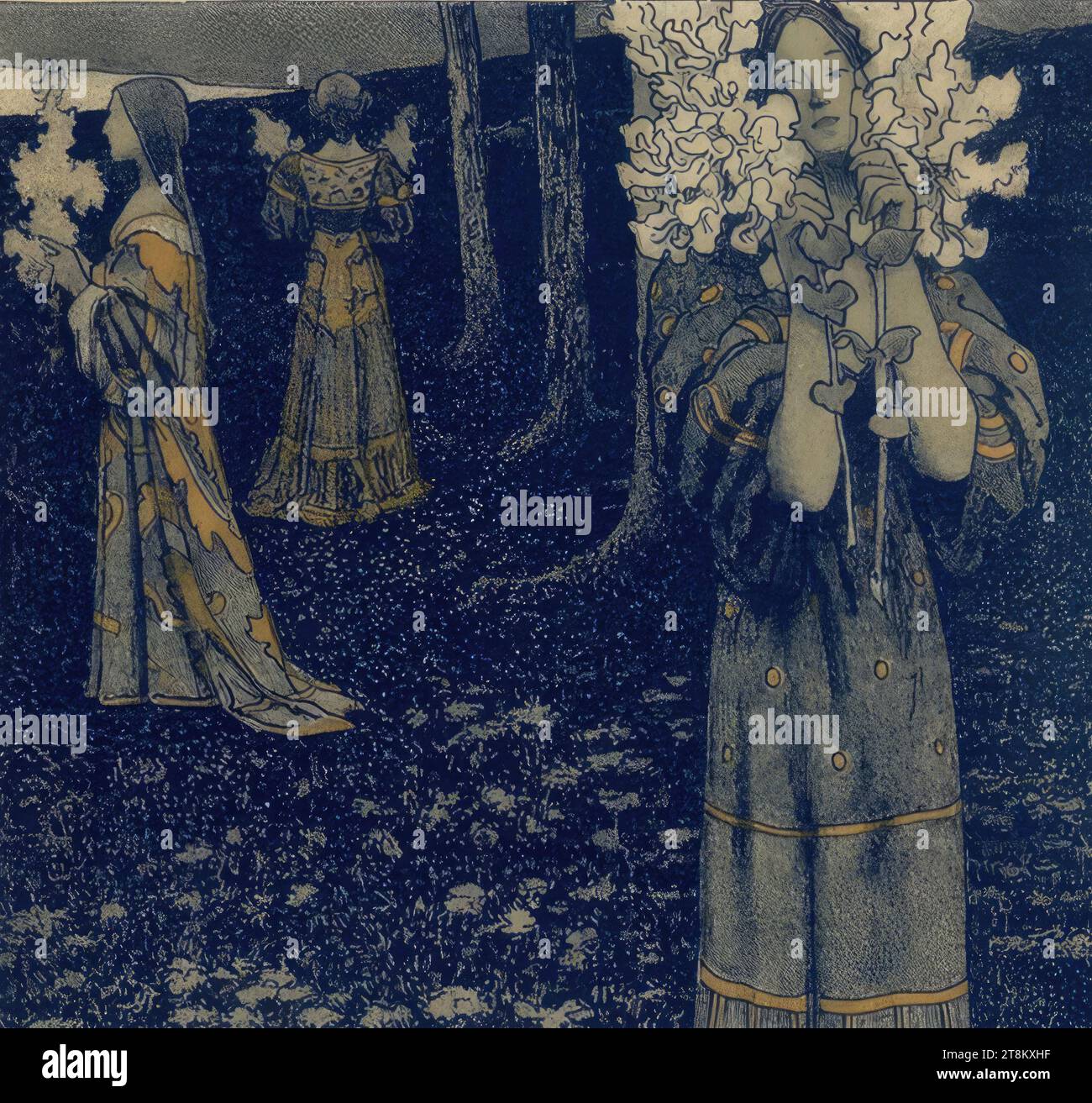 Tre giovani donne che tengono fiori nel parco, Maximilian Lenz, Vienna 1860 - 1948 Vienna, stampa, litografia, foglio: 29,7 x 28 cm, Austria Foto Stock