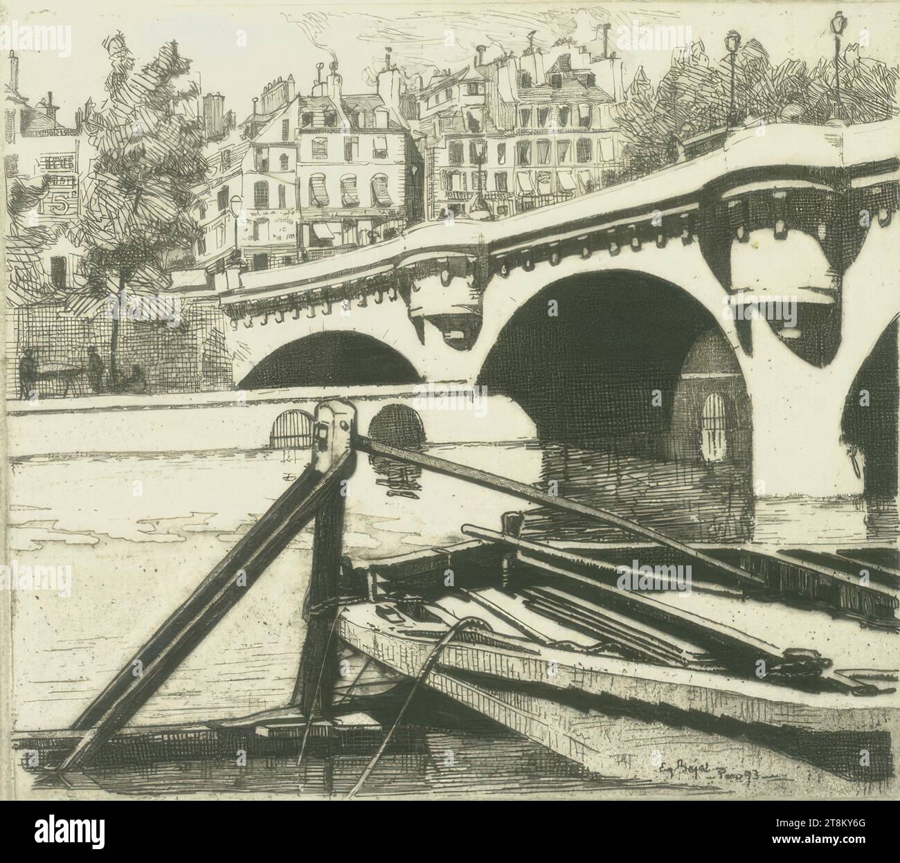 Pont Neuf, Eugène Béjot, Parigi 1867 - 1931 Parigi, 1893, stampa, incisione, foglio: 22,4 x 24,8 cm, l.l. "T a 20 Ex No 10", penna in grigio, M.u. "PL. detruite', piuma grigia Foto Stock