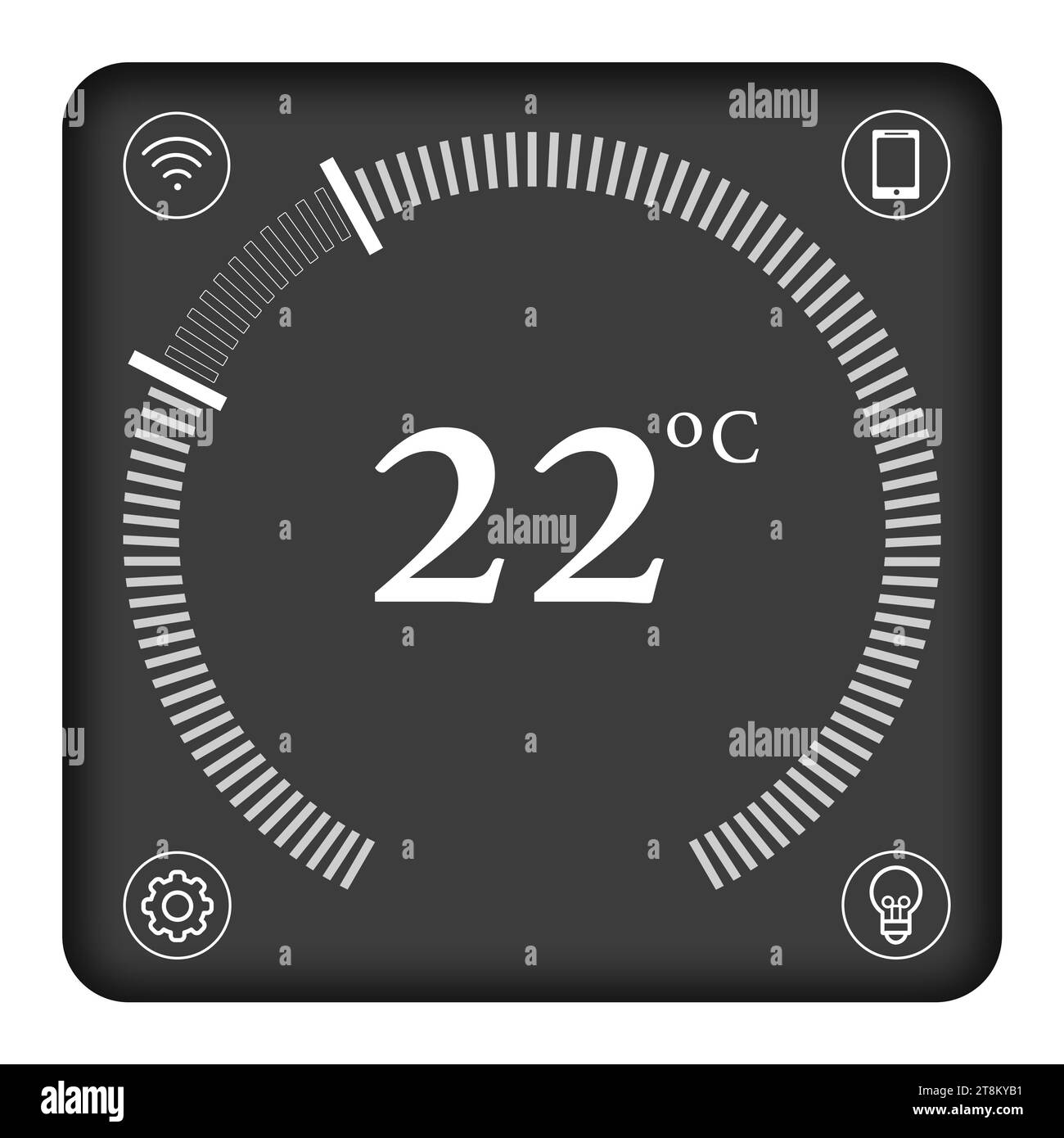 Sistema domestico intelligente. Display del termostato che mostra la temperatura ambiente in scala Celsius e diverse icone su sfondo bianco Foto Stock