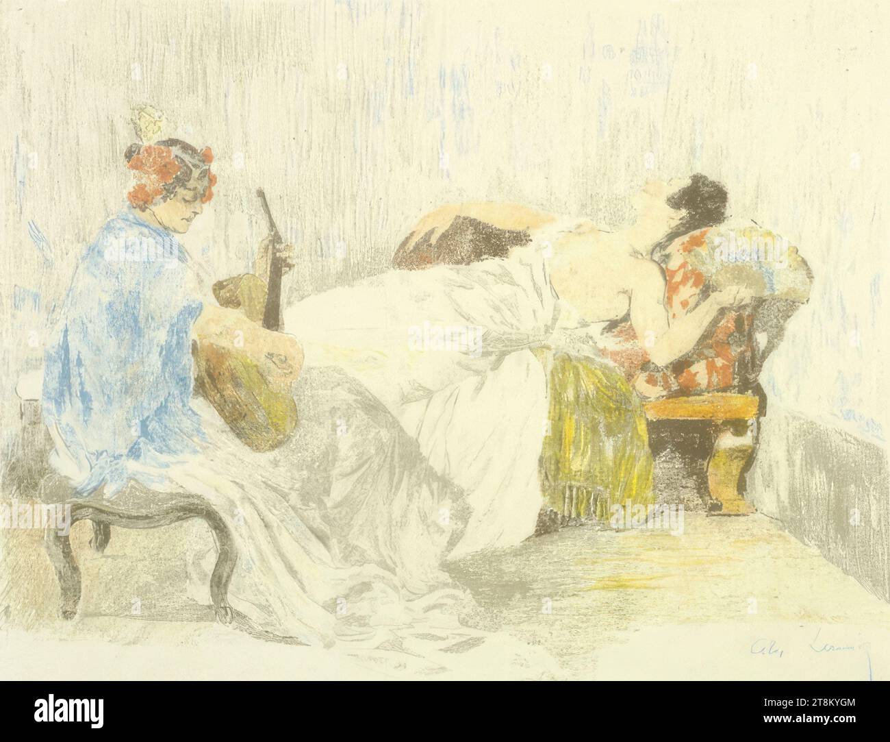 Romani che riposano e fanno musica, Alexandre Lunois, Parigi 1863 - 1916 Parigi, intorno al 1890, stampa, litografia a colori; carta giapponese, foglio: 31 cm x 46,3 cm, destra. "GP" Foto Stock