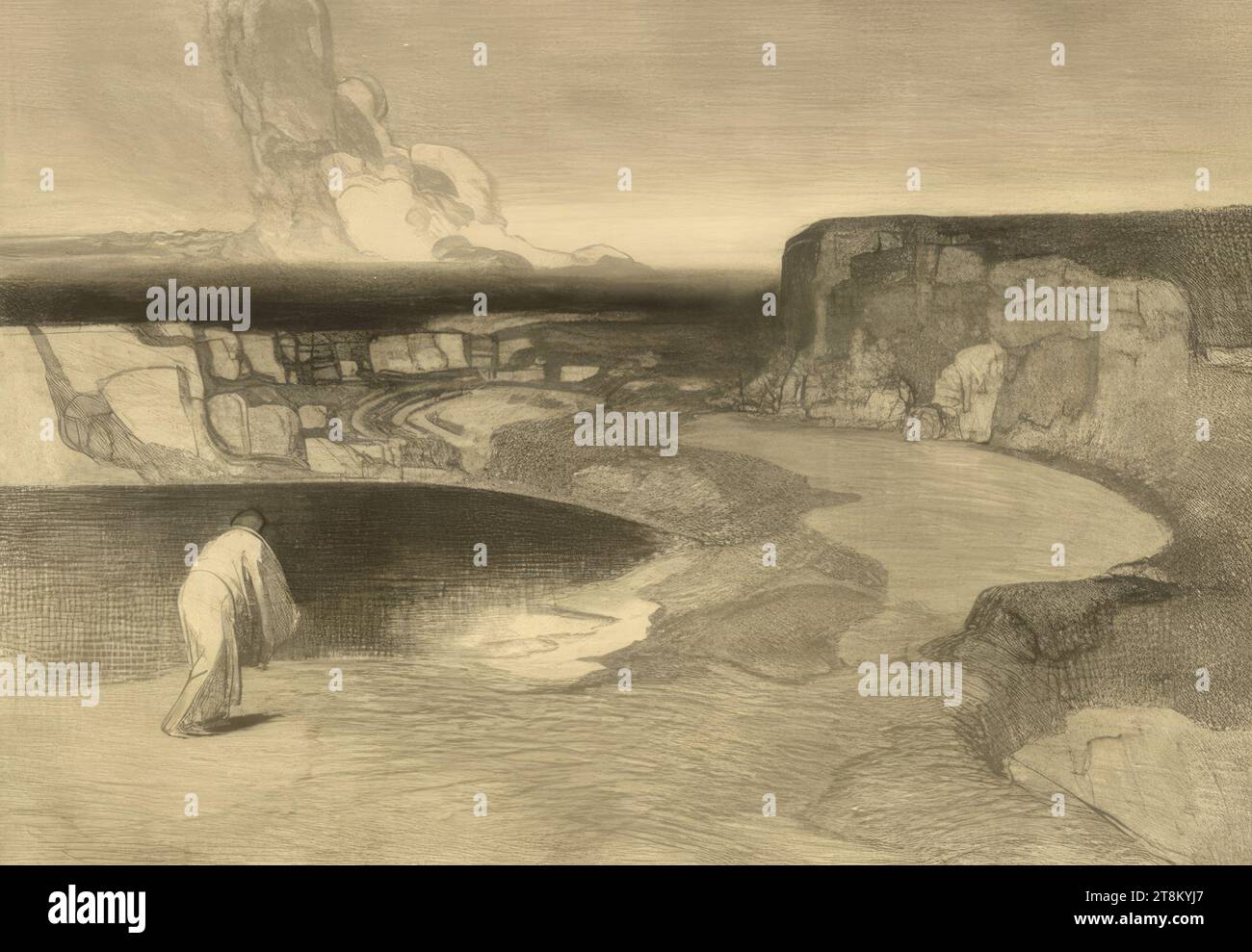 Paesaggio roccioso con lago, Rudolf Jettmar, Zawodzie vicino Tarnow, Galizia, 1869 - 1939 Vienna, 1902, stampa, incisione, targa: 27,7 x 39,8 cm, nel piatto M.U. firma: 'CON KAIS. SUSSIDI REDATTI, Austria Foto Stock