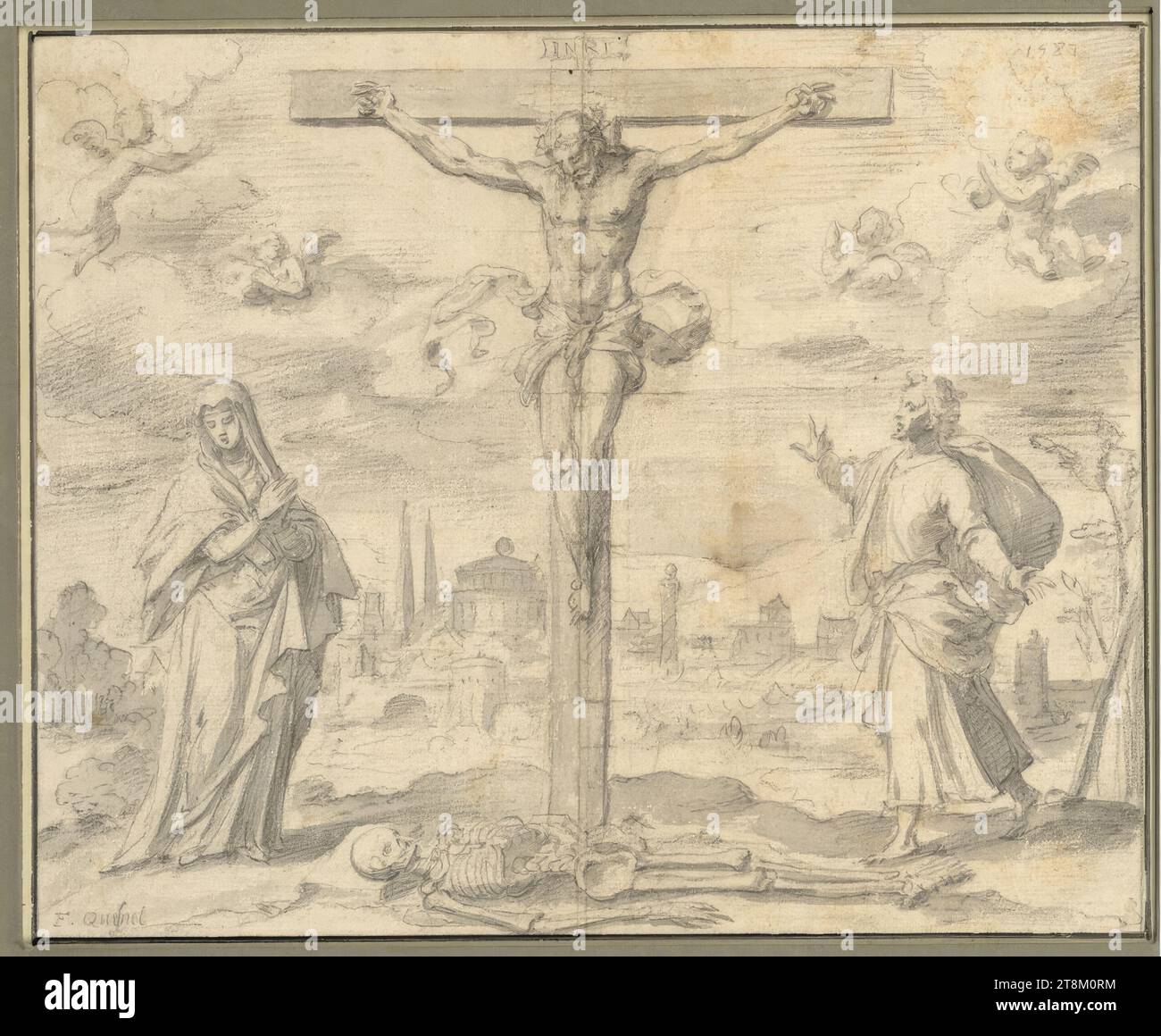 Il Crocifisso tra Maria e Giovanni, Francesco Quesnel (Edimburgo 1544 - 1619 Parigi), disegno, gesso di pietra, pennello, inchiostro, lavato, 20,3 x 25 cm, r.r. Duca Alberto di Sassonia-Teschen, l.u. 'F Quesnel Foto Stock