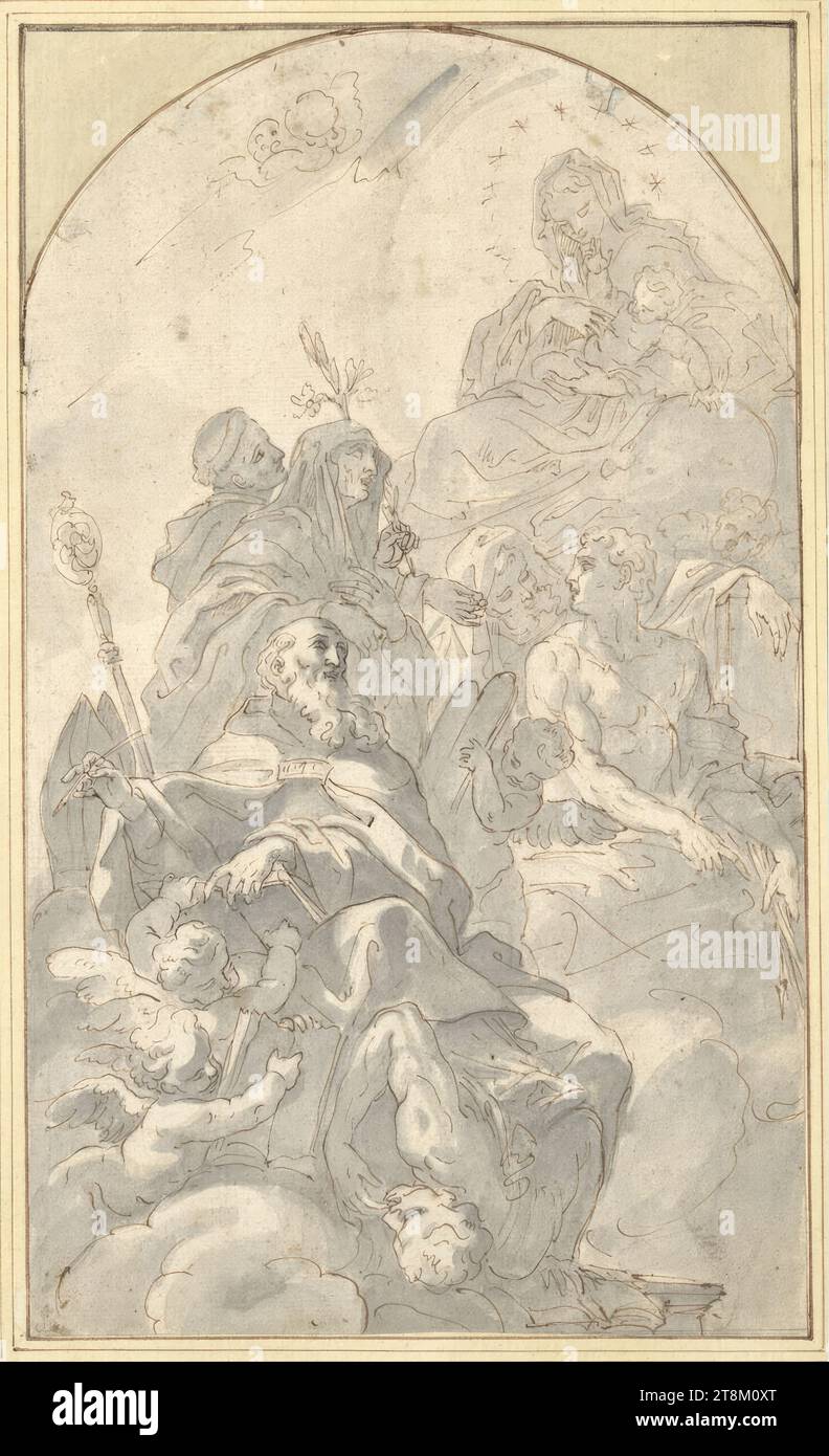 Madonna con santi, Juan de Roelas (Siviglia 1558/60 - 1625 Olivares vicino Siviglia), disegno, penna, 30,3 x 17,9 cm, l.u. duca Alberto di Sassonia-Teschen Foto Stock