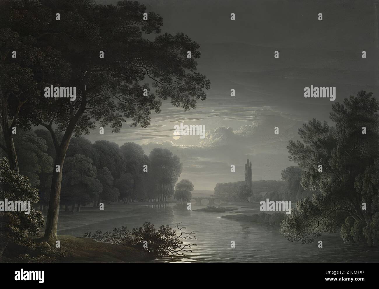 Paesaggio fluviale vicino a Dresda al chiaro di luna, Christian Gottlob Hammer (Dresda 1779–1864 Dresda), 1815, disegno, pennello in nero, acquerello; bordo nero, 40,7 x 58,4 cm, senza francobollo da collezione Duca Alberto di Sassonia-Teschen Foto Stock