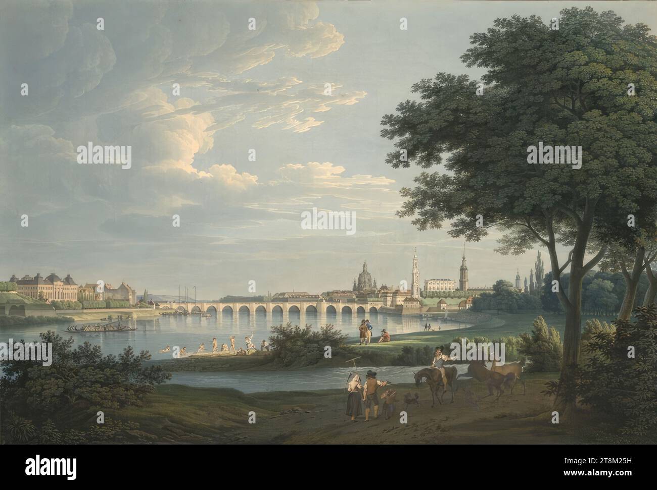 Vista di Dresda con il Palazzo Giapponese, il Ponte di Augusto e la città vecchia, Christian Gottlob Hammer (Dresda 1779 - 1864 Dresda), 1809, disegno, acquerello, colore del corpo, su tracce di matita; tracce di lucentezza lucida, 50,8 x 75,1 cm, l. Duca Alberto di Sassonia-Teschen Foto Stock