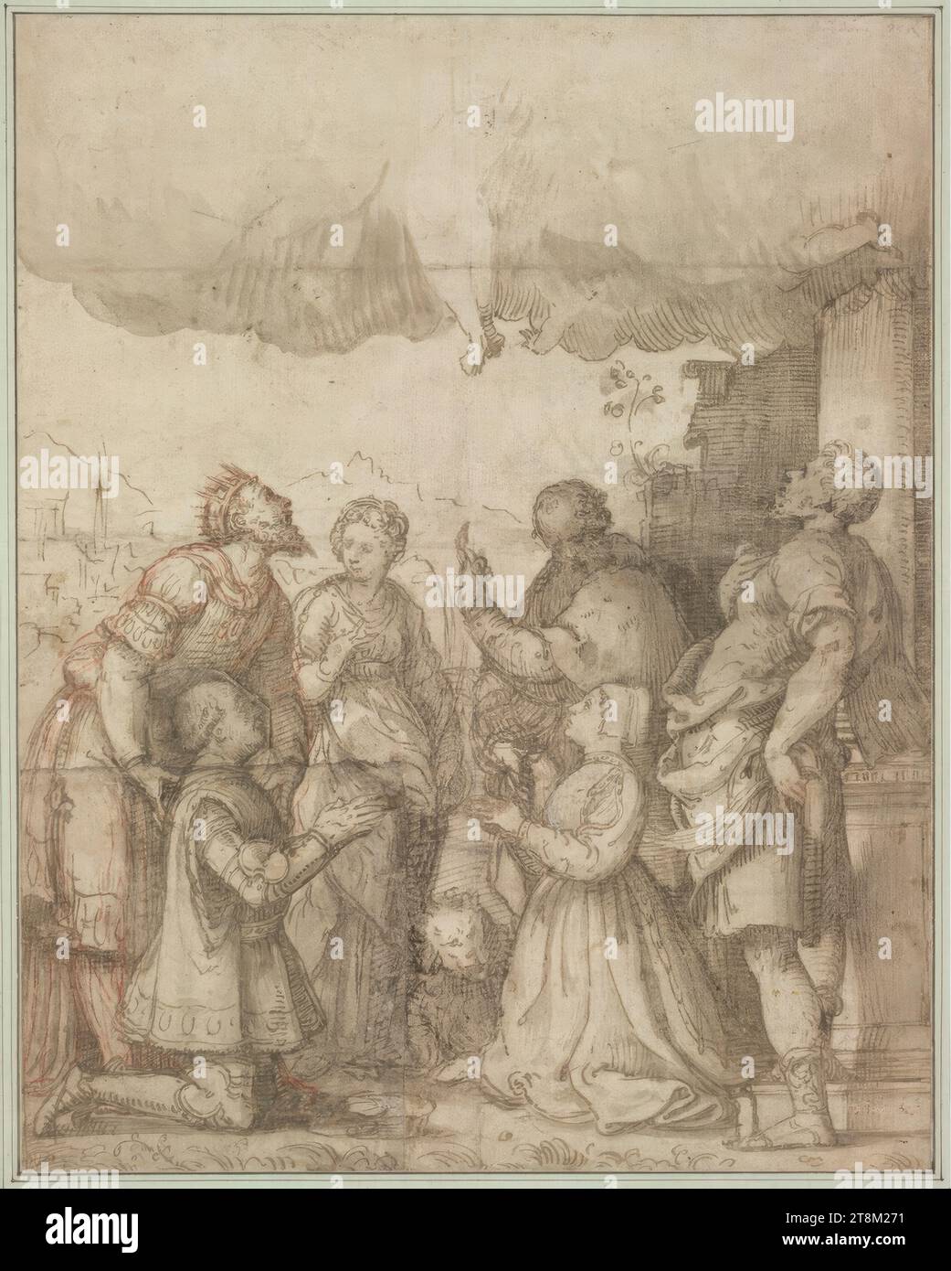 Francesco Sforza e sua moglie Bianca Maria Visconti di San Sigismund o St Jerome lo raccomandò alla Maria galleggiante, affiancata dai Santi. Daria e Crisanto, Giulio campi (Cremona dopo il 1507 - Cremona 1572), intorno al 1540, disegno, penna, lavato, gesso rosso, 35 x 27,6 cm, l.l. duca Alberto di Sassonia-Teschen, in alto a destra in gesso scritto del XVIII secolo 'Paris Bordone de 15 Foto Stock