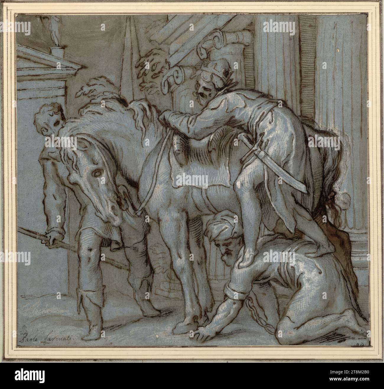 Tamerlano monta il suo cavallo, Paolo Farinato (Verona 1524 - 1606 Verona), disegno, penna; lavato; accresciuto di bianco; carta blu, 21,5 x 22,8 cm, l. Duca Alberto di Sassonia-Teschen, in basso a sinistra "Paolo Farinati"; in basso a destra i resti superiori di un numero di penna (94 Foto Stock
