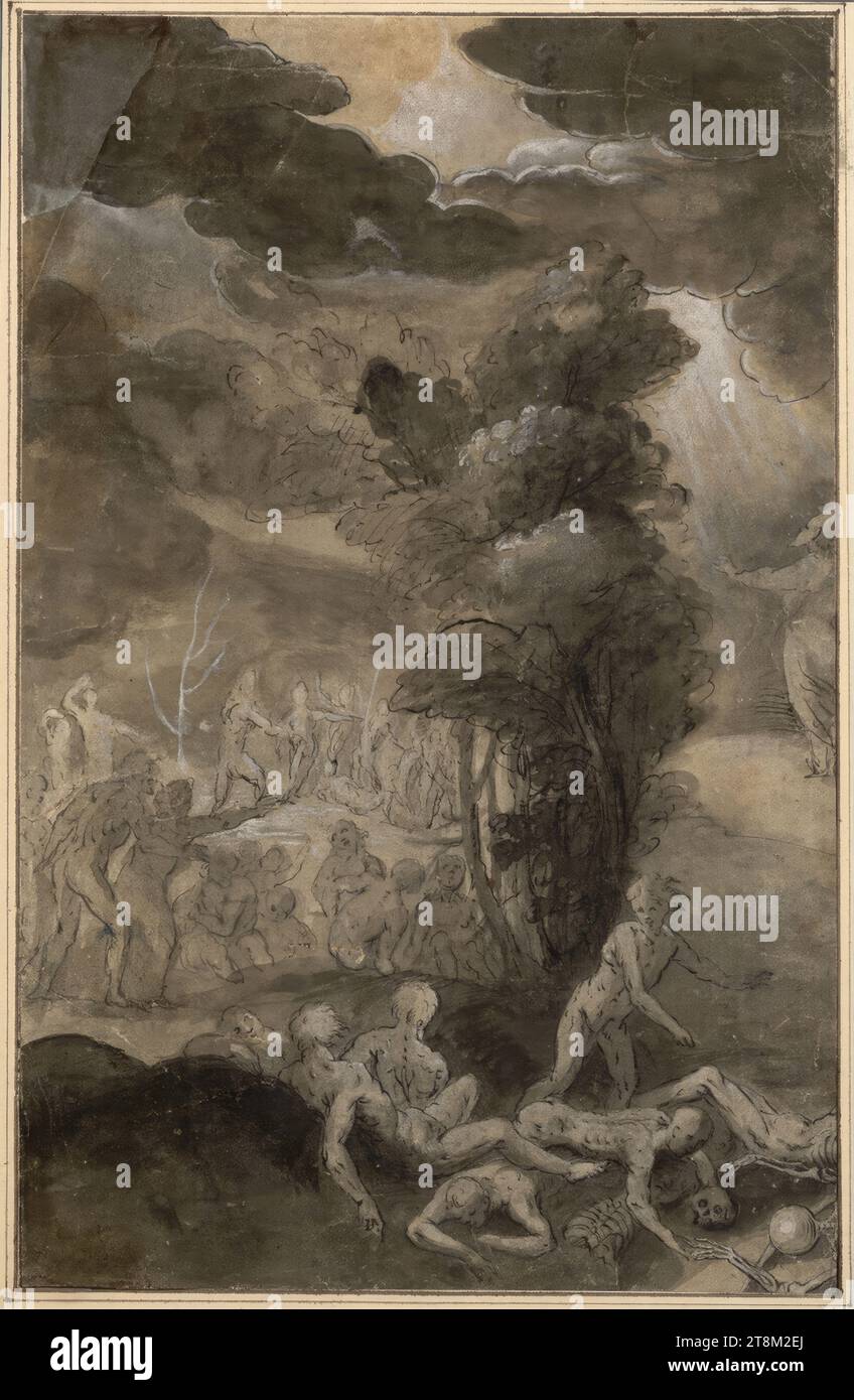 La Resurrezione dei morti (Ezechiele 37, 1-11), Martino Rota (Sebenico (Dalmazia) intorno al 1520/32 - 1582/83 Vienna), disegno, penna; lavaggio grigio; aumento bianco, 31,5 x 20,2 cm, l. Duca Alberto di Sassonia-Teschen Foto Stock