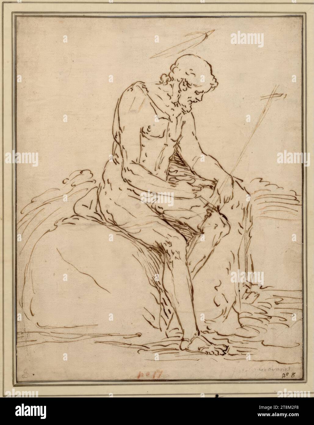 Giovanni Battista seduto su una roccia a destra, Luca Cambiaso (Moneglia 1527 - 1585 San Lorenzo de El Escorial), disegno, penna; gesso rosso, 23,4 x 18,4 cm, l. Duca Alberto di Sassonia-Teschen, centro inferiore in gesso rosso 'n° 17'; "Palma giovane" in gesso in basso a destra, "n° 8" in penna in basso Foto Stock