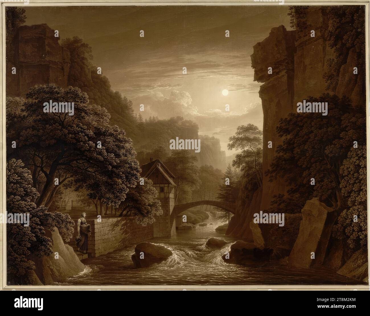 Il Lochmühle im Liebethaler Grund di Moonlight, Christian Gottlob Hammer (Dresda 1779–1864 Dresda), 1813, disegno, pennello e marrone su segni a matita, 63,7 x 82,6 cm (25 1/16 x 32 1/2 pollici), l.b. duca Alberto di Sassonia-Teschen Foto Stock