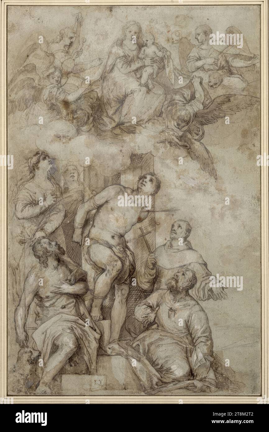 La Madonna col bambino sulle nuvole, circondata da angeli che suonano musica, apparendo a San Sebastiano, due santi femminili e tre maschili, anonimi, disegnando, penna; lavata; bianco accentuato, 39,1 x 25,4 cm, l.l. duca Alberto di Sassonia-Teschen, centro inferiore in PEN 'R.V Foto Stock