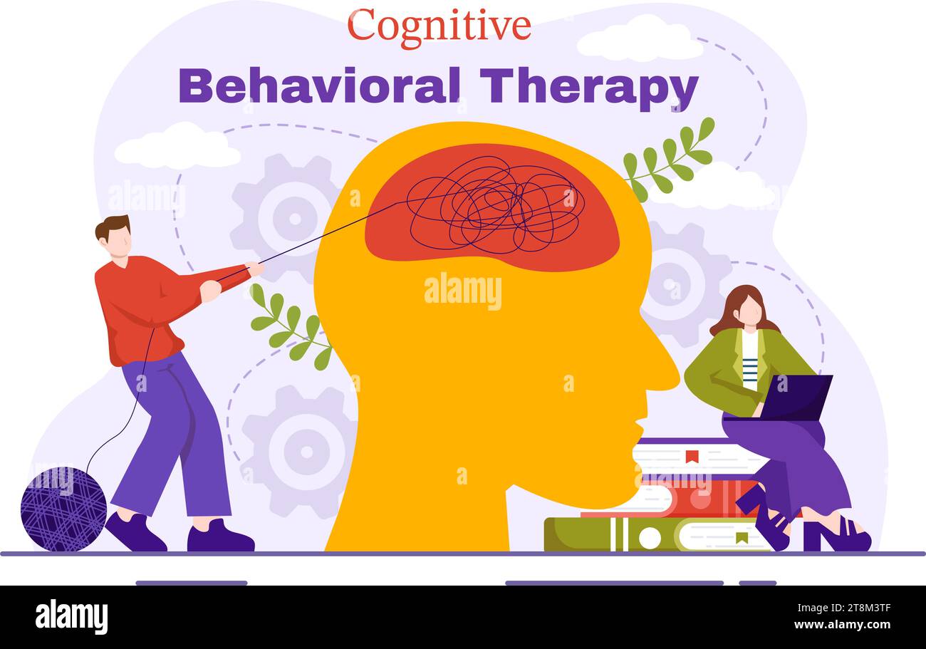 CBT o terapia cognitiva comportamentale illustrazione vettoriale con persona gestire i loro problemi emozioni, depressione o mentalità in background salute mentale Illustrazione Vettoriale