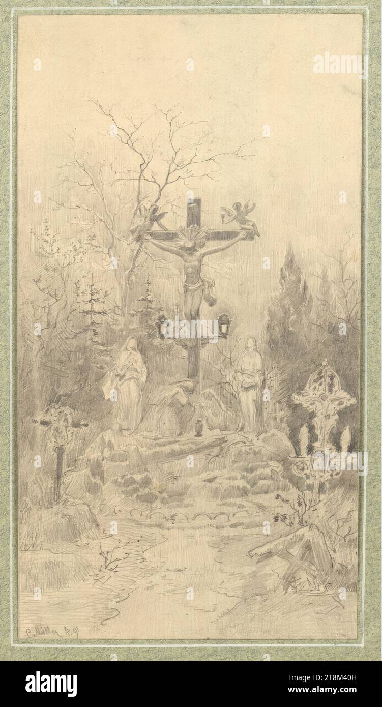 Calvario a Währinger Friedhof, Hagengesellschaft, Carl Müller (Vienna 1862 - 1938 Vienna), 1891, disegno, matita, 20,8 x 11,2 cm Foto Stock