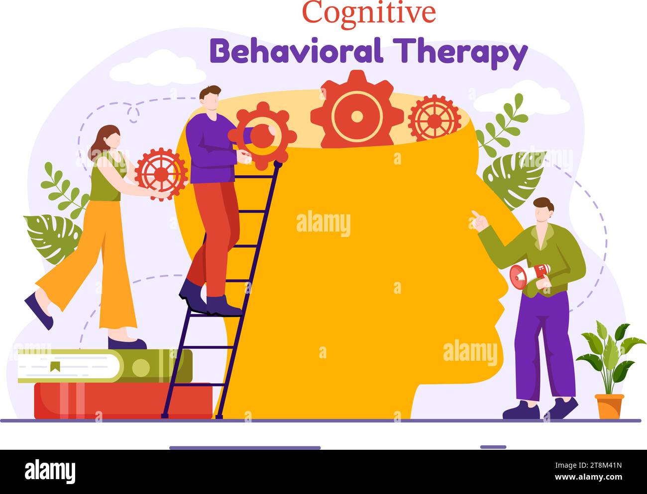 CBT o terapia cognitiva comportamentale illustrazione vettoriale con persona gestire i loro problemi emozioni, depressione o mentalità in background salute mentale Illustrazione Vettoriale