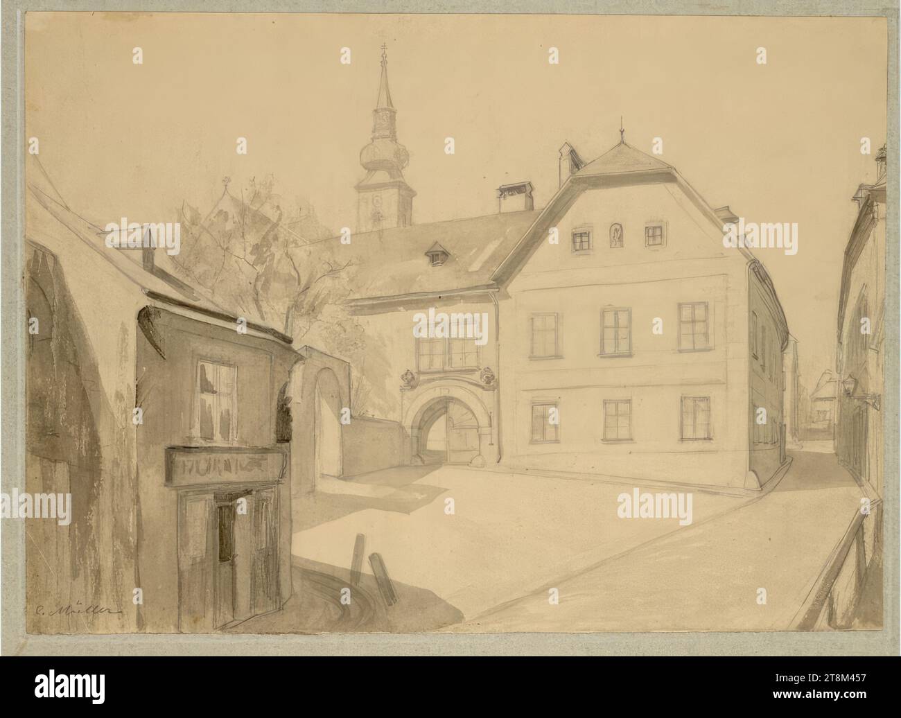 Luogo di nascita di Müller: Vista sulla strada, vecchia Währinger Hauptstraße 21, Hagengesellschaft, Carl Müller (Vienna 1862 - 1938 Vienna), disegno, matita, lavata, 21,4 x 29,5 cm Foto Stock