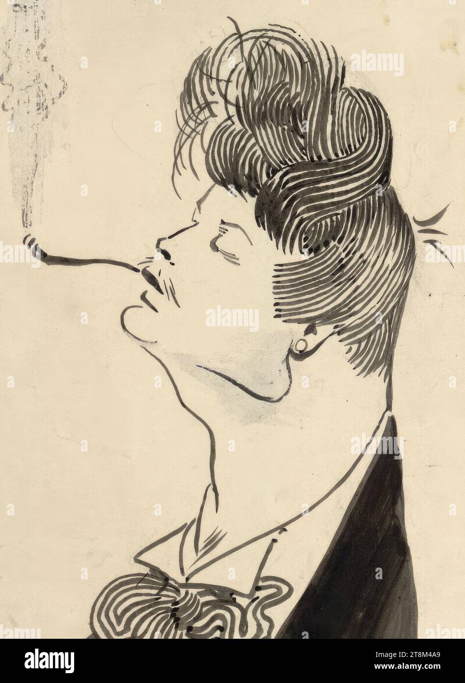 Caricatura di Josef Engelhart come dandy fumatore di sigarette, Hagengesellschaft, Alfred Roller (Brno 1864 - 1935 Vienna), disegno, pennello, inchiostro nero, correzioni bianco opaco, 17,3 x 12,7 cm Foto Stock