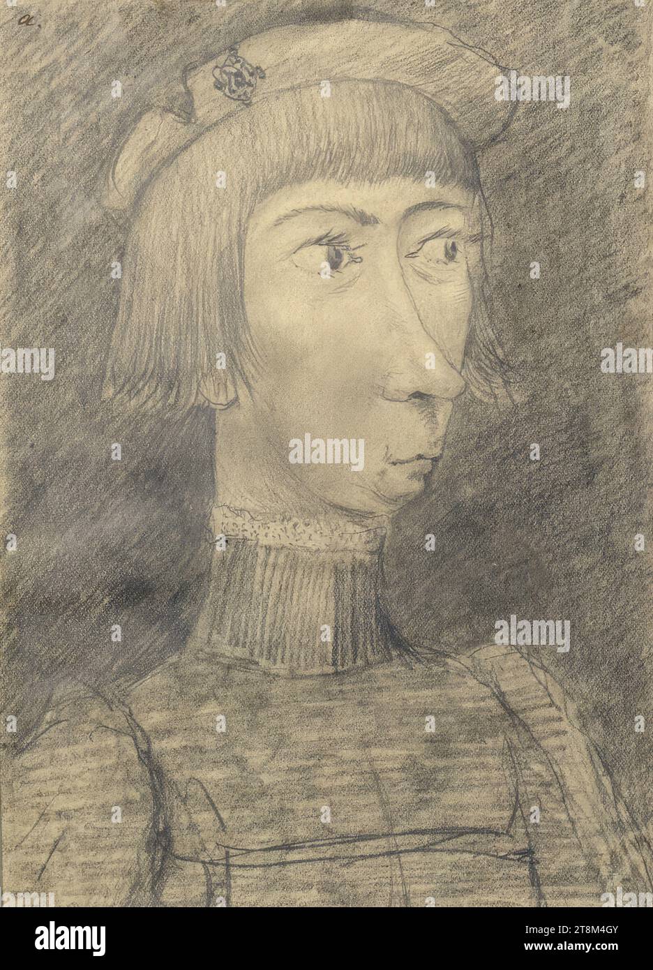 Giovane dell'inizio del XVI secolo (caricatura), Hagengesellschaft, Leopold Stolba (Gaudenzdorf/Vienna 1863 - 1929 Vienna), disegno, matita, 20,2 x 14,6 cm, in alto a sinistra: 'A Foto Stock