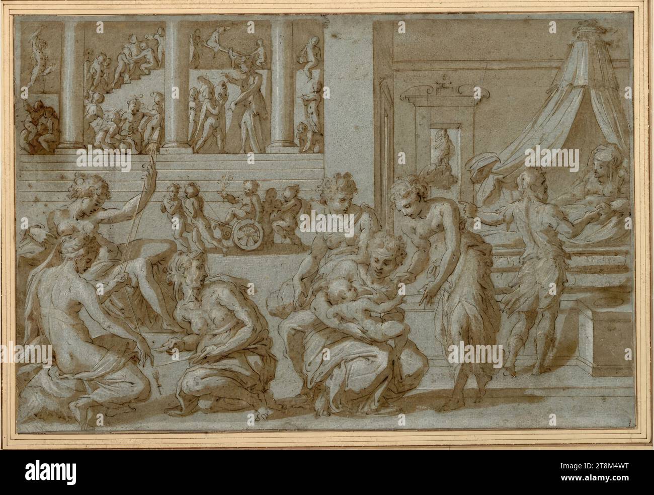 Figure di fronte a una sala colonnata in alto. (A destra la nascita di un bambino, a sinistra i tre destini; in sottofondo i bambini giocano e imparano), Giorgio Vasari (Arezzo 1511 - 1574 Firenze), prima del 1561/64 o 1567, disegnando, penna, lavato, accresciuto di bianco, su carta blu, 22,7 x 33,5 cm, fregio l.l.; r.b. Duca Alberto di Sassonia-Teschen Foto Stock