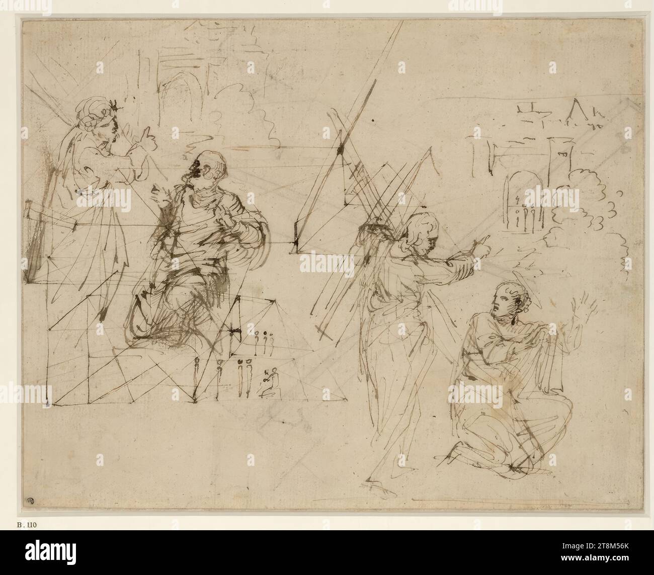 Due bozzetti raffiguranti Domine Quo Vadis con la porta della città sullo sfondo, Annibale Carracci (Bologna 1560 - 1609 Roma), prima del 1600, disegno, penna, 21,4 x 27,1 cm, l.l. Mariette; r.b. duca Alberto di Sassonia-Teschen Foto Stock