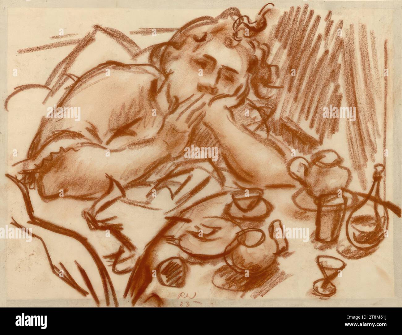 Ragazza al tavolo della colazione, Rudolf Wacker (Bregenz 1893 - 1939 Bregenz), 1923, disegno, sangue su carta, 25,1 x 32,8 cm Foto Stock