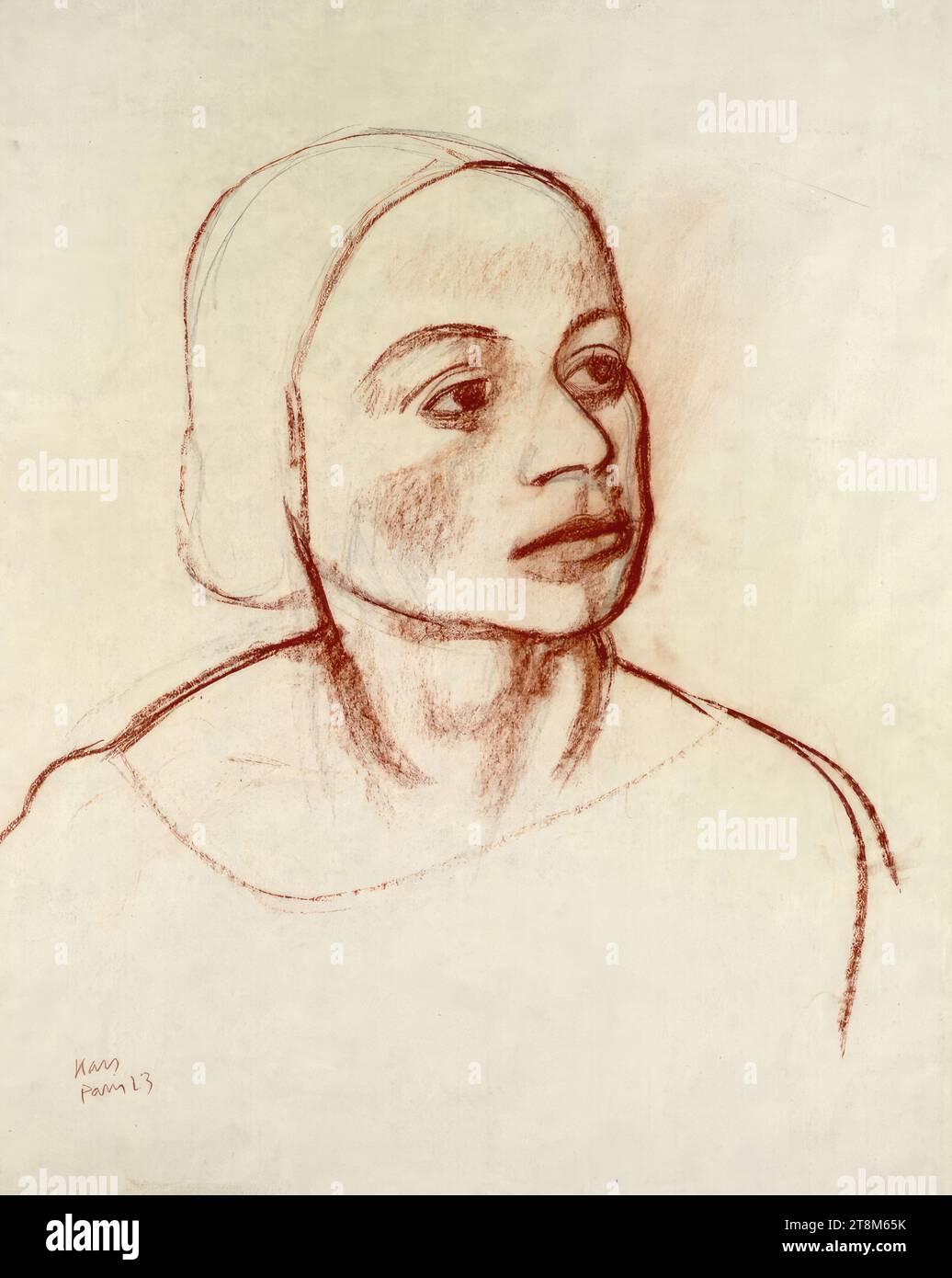 Capo di una donna, Georges Kars (Kralupy nad Vltavou 1880–1945 Ginevra), 1923, disegno, gesso rosso, intaglio tappeto: 56,8 x 45,5 cm (22 3/8 x 17 15/16 pollici Foto Stock