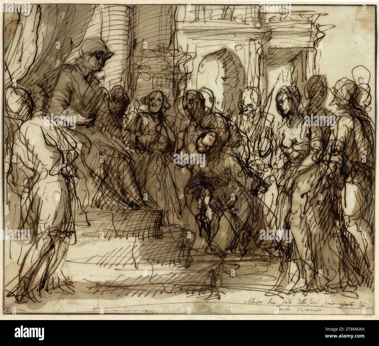 Scena del tribunale, Luigi Benfatto gen. Del Friso (Verona 1544 - - 1609 Venezia), disegno, penna, lavata, 16,7 x 20,2 cm, in basso a destra in una mano ottocentesca 'Alvise ben fato deto dal friso nipote di, Paolo Veronese Foto Stock